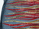 Phoenix Wing Sequins - Red / Gold - 4 Way Stretch Wings Pattern Design Fabric By Yard