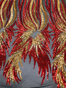 Phoenix Wing Sequins - Red / Gold - 4 Way Stretch Wings Pattern Design Fabric By Yard