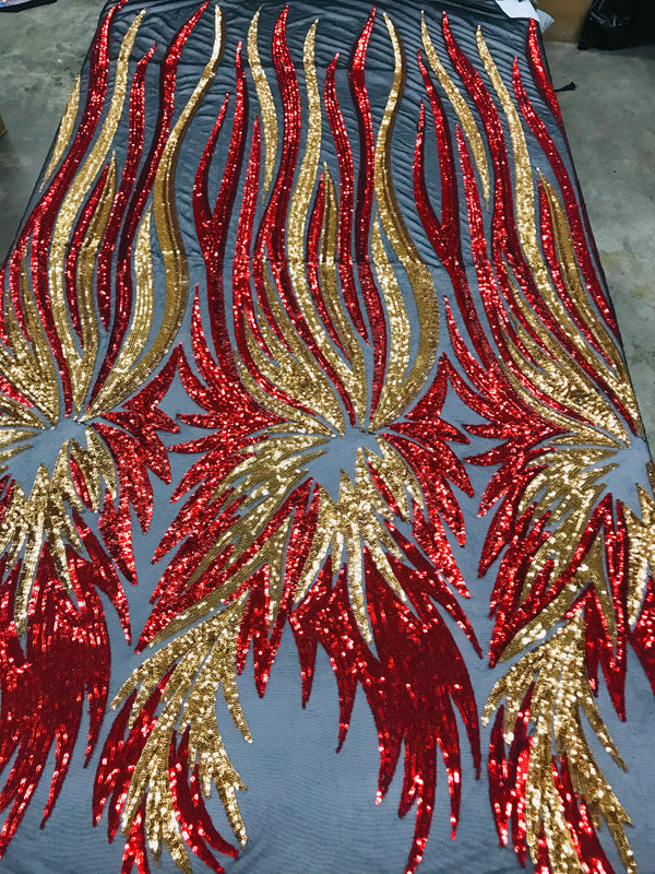 Phoenix Wing Sequins - Red / Gold - 4 Way Stretch Wings Pattern Design Fabric By Yard