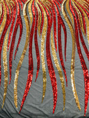 Phoenix Wing Sequins - Red / Gold - 4 Way Stretch Wings Pattern Design Fabric By Yard