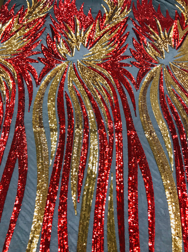 Phoenix Wing Sequins - Red / Gold - 4 Way Stretch Wings Pattern Design Fabric By Yard