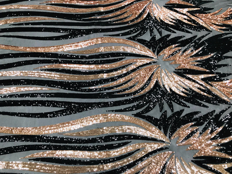Phoenix Wing Sequins - Rose Gold / Black - 4 Way Stretch Wings Pattern Design Fabric By Yard