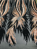 Phoenix Wing Sequins - Rose Gold / Black - 4 Way Stretch Wings Pattern Design Fabric By Yard