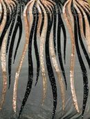 Phoenix Wing Sequins - Rose Gold / Black - 4 Way Stretch Wings Pattern Design Fabric By Yard