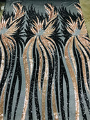 Phoenix Wing Sequins - Rose Gold / Black - 4 Way Stretch Wings Pattern Design Fabric By Yard