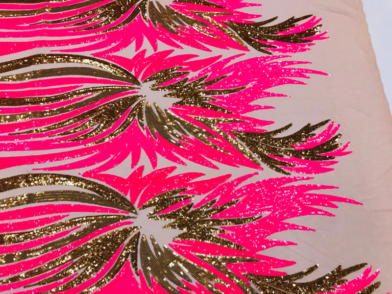 Phoenix Wing Sequins - Neon Pink  / Gold  - 4 Way Stretch Wings Pattern Design Fabric By Yard