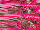 Phoenix Wing Sequins - Neon Pink  / Gold  - 4 Way Stretch Wings Pattern Design Fabric By Yard