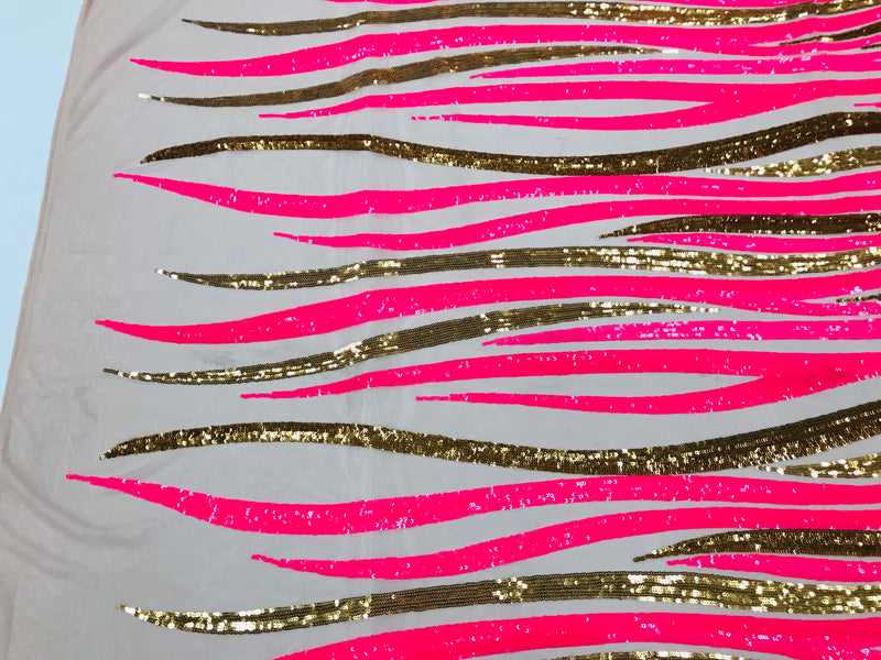 Phoenix Wing Sequins - Neon Pink  / Gold  - 4 Way Stretch Wings Pattern Design Fabric By Yard