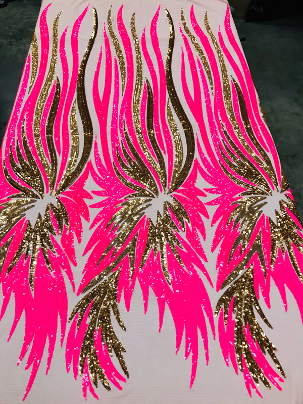 Phoenix Wing Sequins - Neon Pink  / Gold  - 4 Way Stretch Wings Pattern Design Fabric By Yard