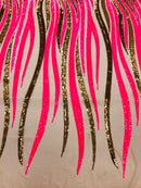 Phoenix Wing Sequins - Neon Pink  / Gold  - 4 Way Stretch Wings Pattern Design Fabric By Yard