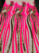 Phoenix Wing Sequins - Neon Pink  / Gold  - 4 Way Stretch Wings Pattern Design Fabric By Yard