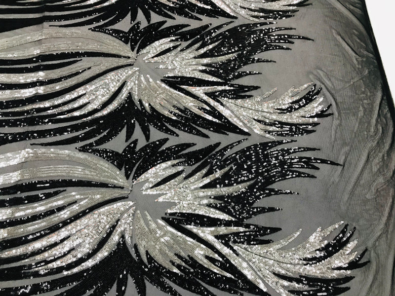 Phoenix Wing Sequins - Silver / Black  - 4 Way Stretch Wings Pattern Design Fabric By Yard