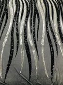 Phoenix Wing Sequins - Silver / Black  - 4 Way Stretch Wings Pattern Design Fabric By Yard