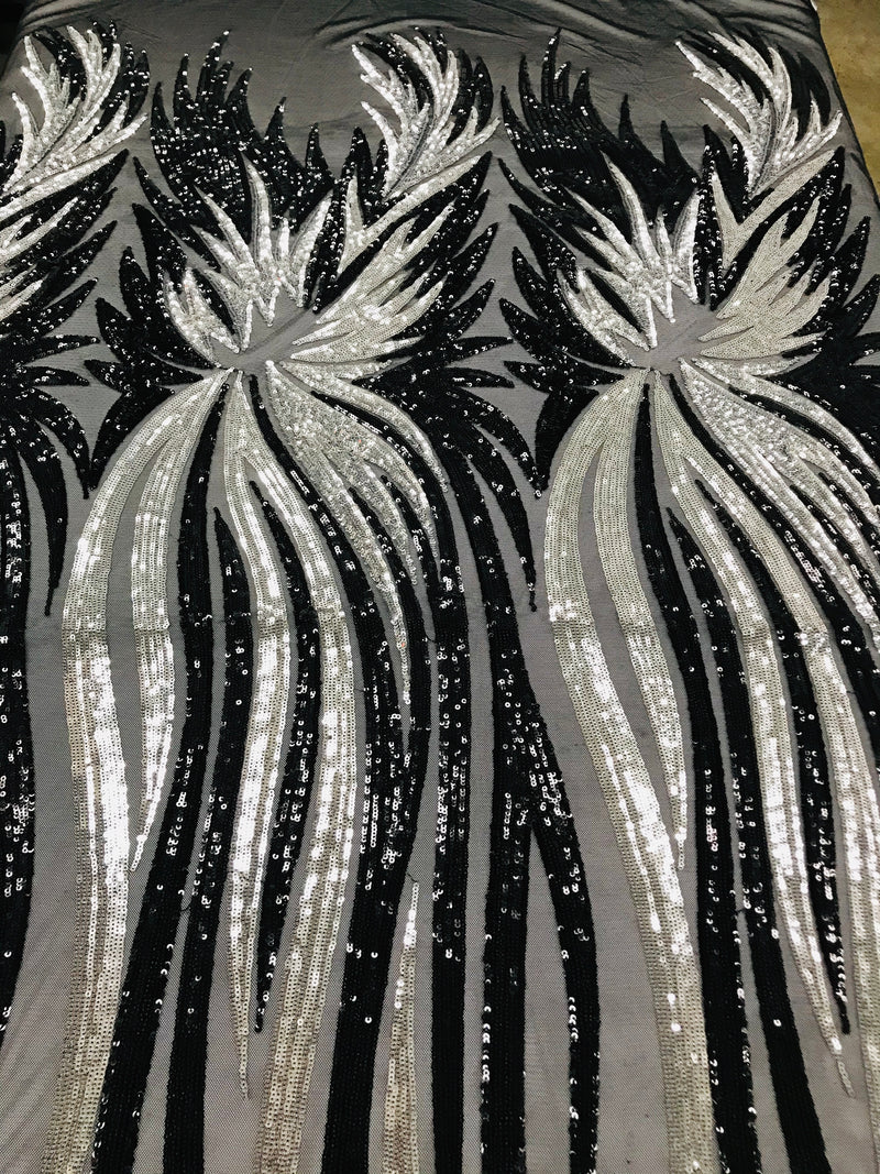 Phoenix Wing Sequins - Silver / Black  - 4 Way Stretch Wings Pattern Design Fabric By Yard
