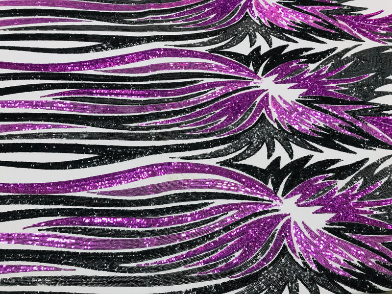 Phoenix Wing Sequins - Purple / Black - 4 Way Stretch Wings Pattern Design Fabric By Yard
