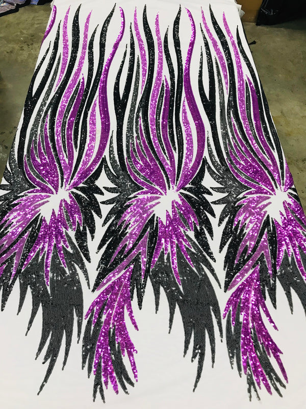 Phoenix Wing Sequins - Purple / Black - 4 Way Stretch Wings Pattern Design Fabric By Yard