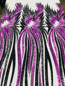 Phoenix Wing Sequins - Purple / Black - 4 Way Stretch Wings Pattern Design Fabric By Yard