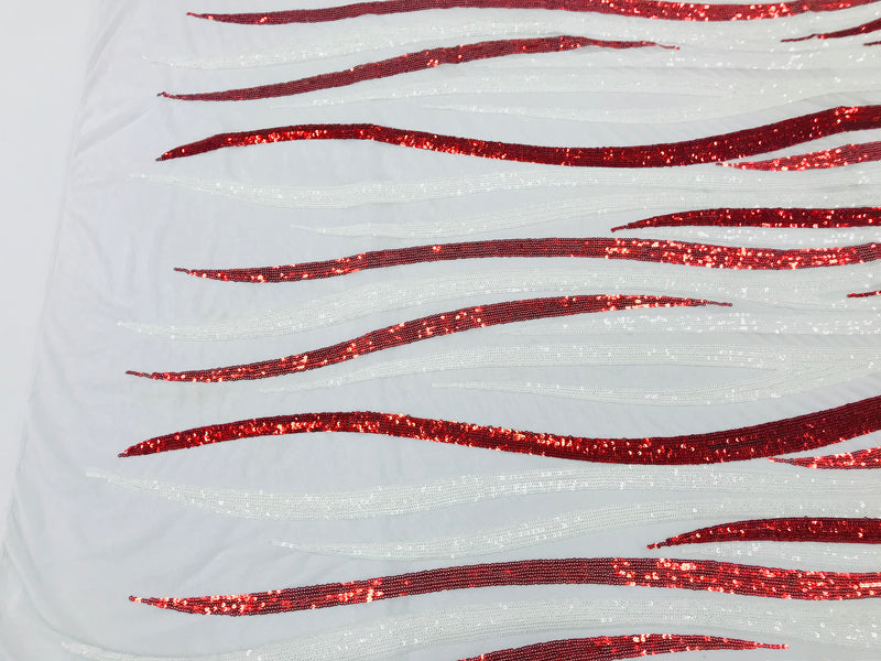 Phoenix Wing Sequins - White / Red - 4 Way Stretch Wings Pattern Design Fabric By Yard