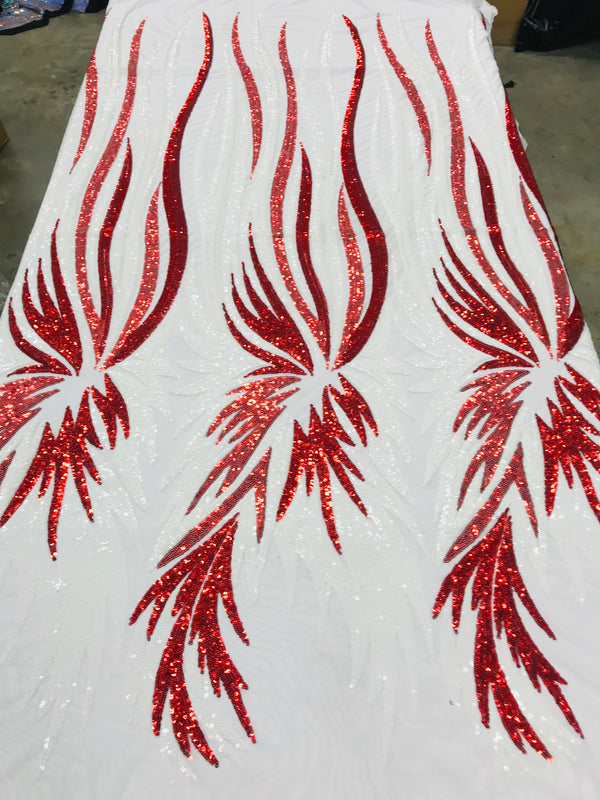 Phoenix Wing Sequins - White / Red - 4 Way Stretch Wings Pattern Design Fabric By Yard