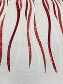 Phoenix Wing Sequins - White / Red - 4 Way Stretch Wings Pattern Design Fabric By Yard
