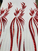 Phoenix Wing Sequins - White / Red - 4 Way Stretch Wings Pattern Design Fabric By Yard