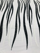 Phoenix Wing Sequins - Black / White - 4 Way Stretch Wings Pattern Design Fabric By Yard