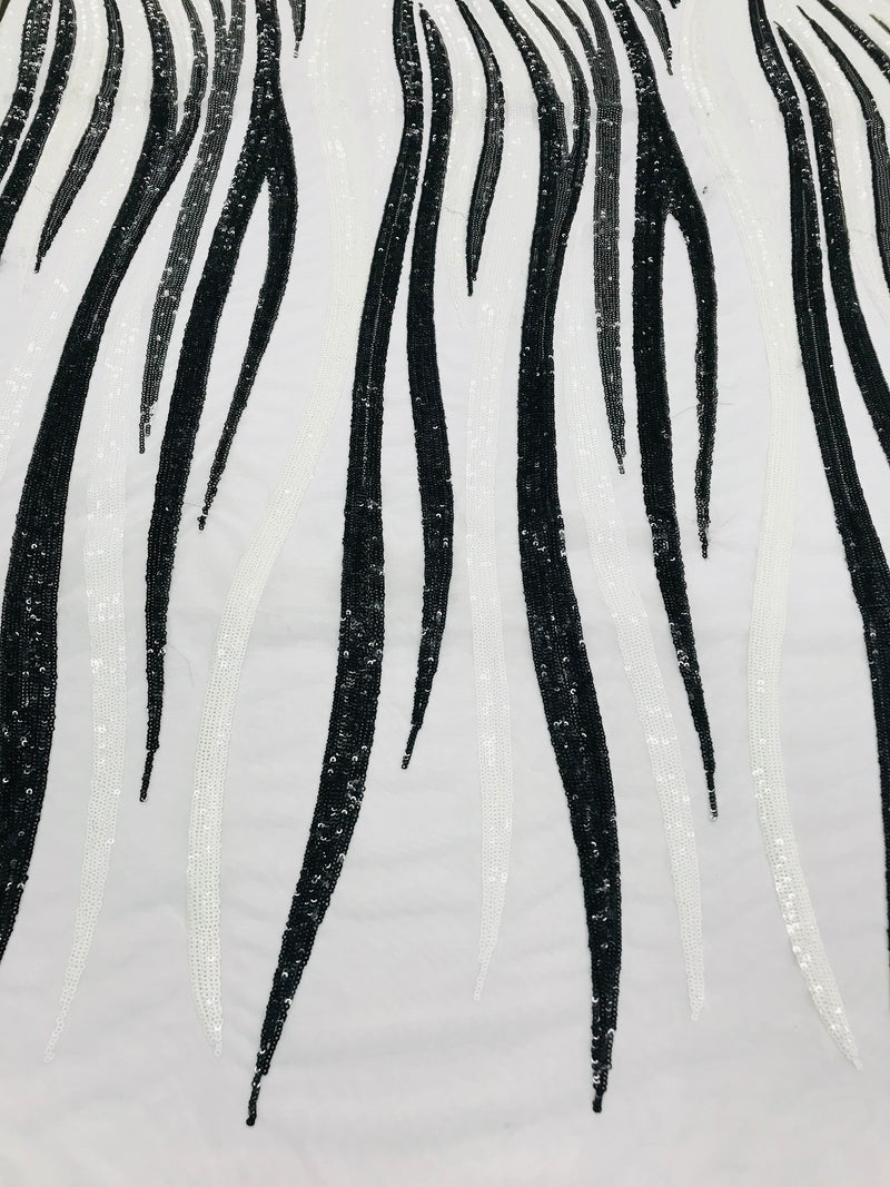 Phoenix Wing Sequins - Black / White - 4 Way Stretch Wings Pattern Design Fabric By Yard