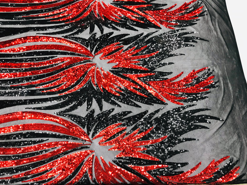 Phoenix Wing Sequins - Red / Black - 4 Way Stretch Wings Pattern Design Fabric By Yard