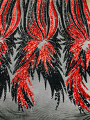 Phoenix Wing Sequins - Red / Black - 4 Way Stretch Wings Pattern Design Fabric By Yard