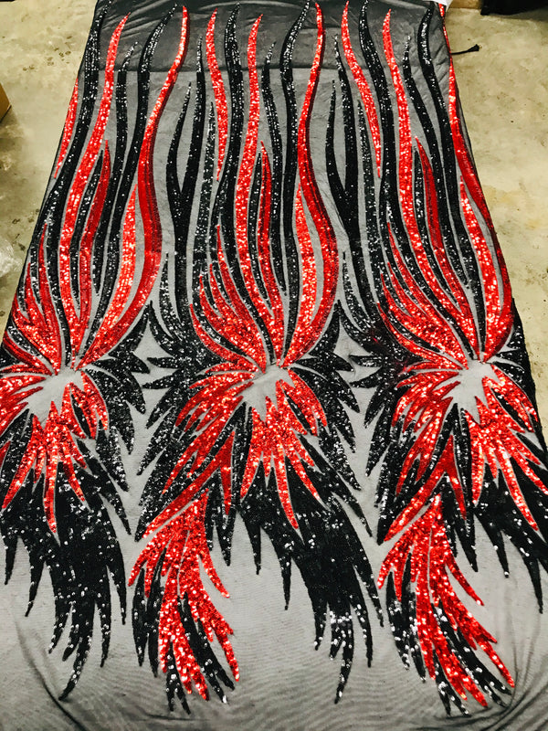 Phoenix Wing Sequins - Red / Black - 4 Way Stretch Wings Pattern Design Fabric By Yard