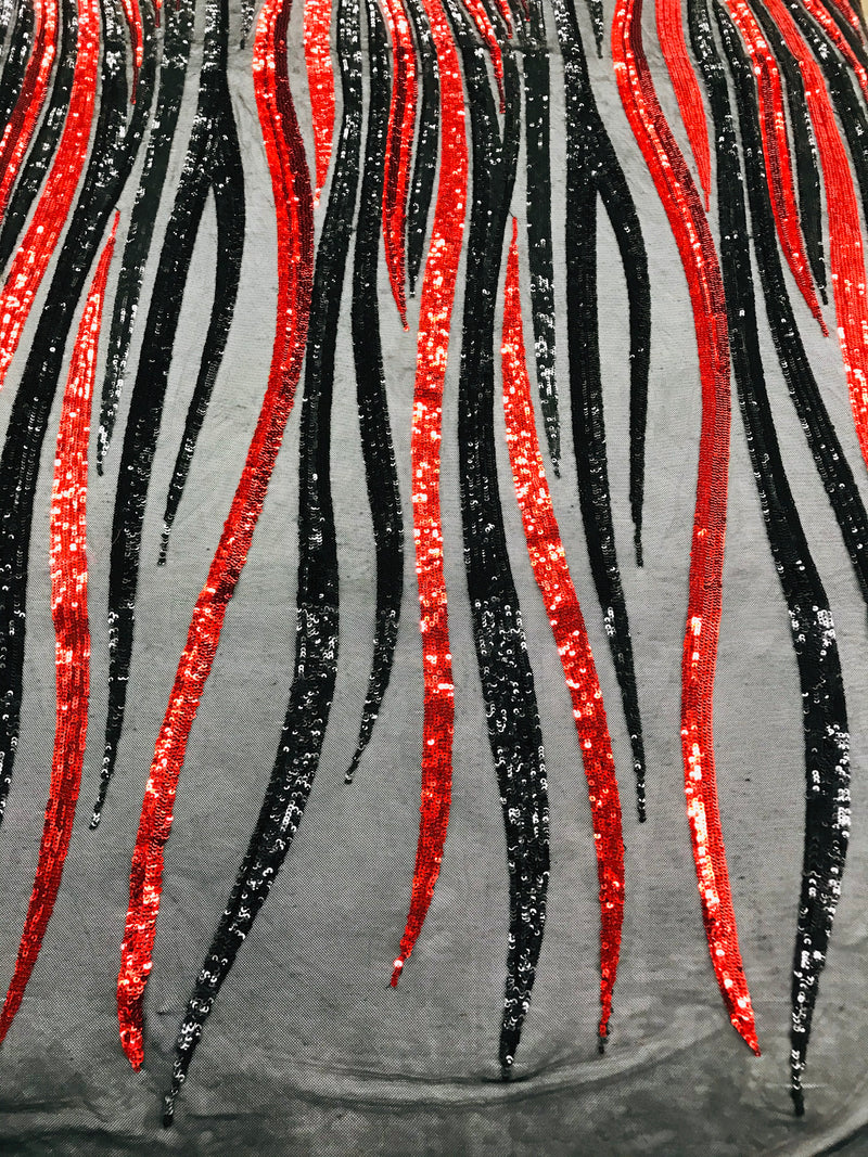 Phoenix Wing Sequins - Red / Black - 4 Way Stretch Wings Pattern Design Fabric By Yard