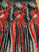 Phoenix Wing Sequins - Red / Black - 4 Way Stretch Wings Pattern Design Fabric By Yard