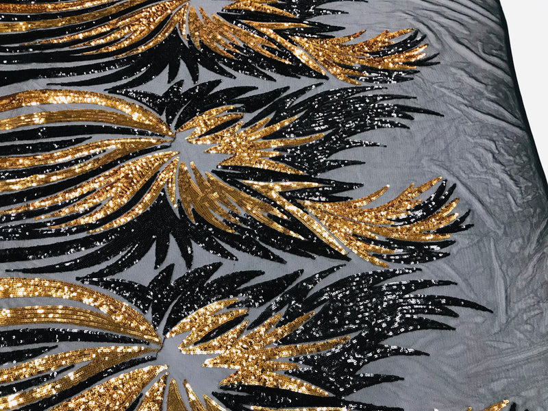 Phoenix Wing Sequins - Black / Gold - 4 Way Stretch Wings Pattern Design Fabric By Yard