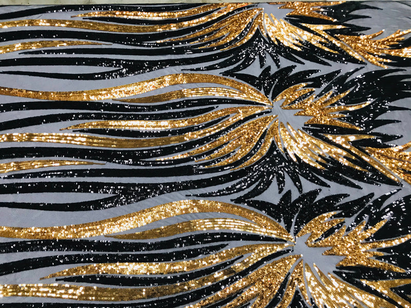 Phoenix Wing Sequins - Black / Gold - 4 Way Stretch Wings Pattern Design Fabric By Yard