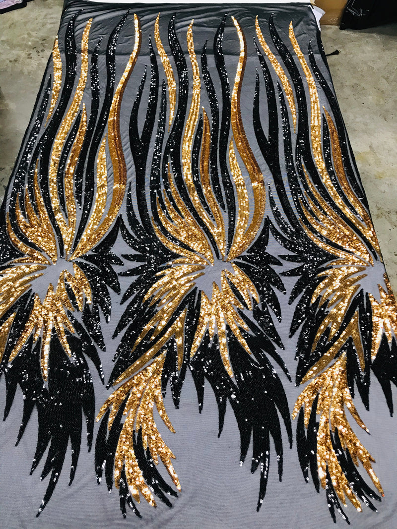 Phoenix Wing Sequins - Black / Gold - 4 Way Stretch Wings Pattern Design Fabric By Yard