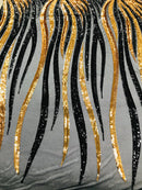 Phoenix Wing Sequins - Black / Gold - 4 Way Stretch Wings Pattern Design Fabric By Yard