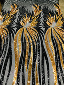 Phoenix Wing Sequins - Black / Gold - 4 Way Stretch Wings Pattern Design Fabric By Yard