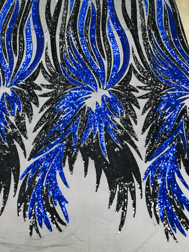 Phoenix Wing Sequins - Royal Blue / Black - 4 Way Stretch Wings Pattern Design Fabric By Yard