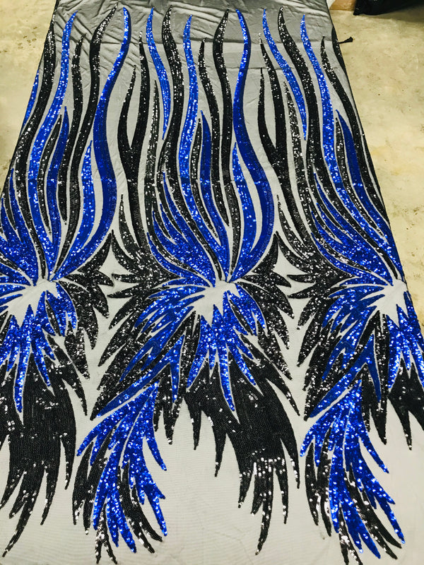 Phoenix Wing Sequins - Royal Blue / Black - 4 Way Stretch Wings Pattern Design Fabric By Yard