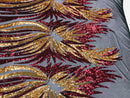 Phoenix Wing Sequins - Burgundy Gold - 4 Way Stretch Wings Pattern Design Fabric By Yard