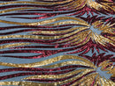 Phoenix Wing Sequins - Burgundy Gold - 4 Way Stretch Wings Pattern Design Fabric By Yard