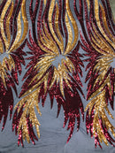 Phoenix Wing Sequins - Burgundy Gold - 4 Way Stretch Wings Pattern Design Fabric By Yard