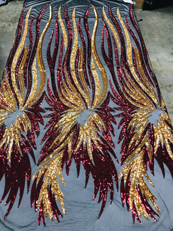 Phoenix Wing Sequins - Burgundy Gold - 4 Way Stretch Wings Pattern Design Fabric By Yard