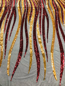 Phoenix Wing Sequins - Burgundy Gold - 4 Way Stretch Wings Pattern Design Fabric By Yard