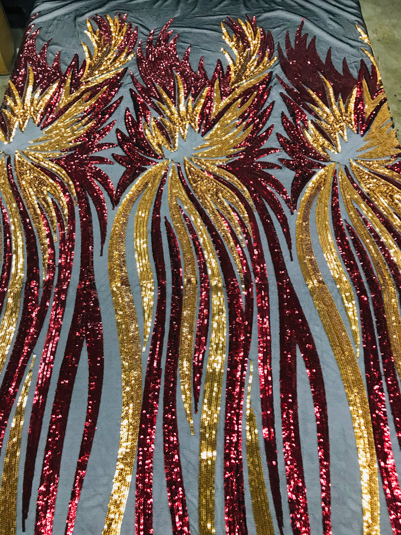 Phoenix Wing Sequins - Burgundy Gold - 4 Way Stretch Wings Pattern Design Fabric By Yard