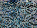 Floral Damask - Iridescent Unicorn - 4 Way Stretch Fancy Shiny Sequins Fabric with Net Design
