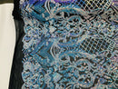 Floral Damask - Iridescent Unicorn - 4 Way Stretch Fancy Shiny Sequins Fabric with Net Design