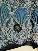 Floral Damask - Iridescent Unicorn - 4 Way Stretch Fancy Shiny Sequins Fabric with Net Design