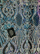 Floral Damask - Iridescent Unicorn - 4 Way Stretch Fancy Shiny Sequins Fabric with Net Design