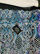 Floral Damask - Iridescent Unicorn - 4 Way Stretch Fancy Shiny Sequins Fabric with Net Design